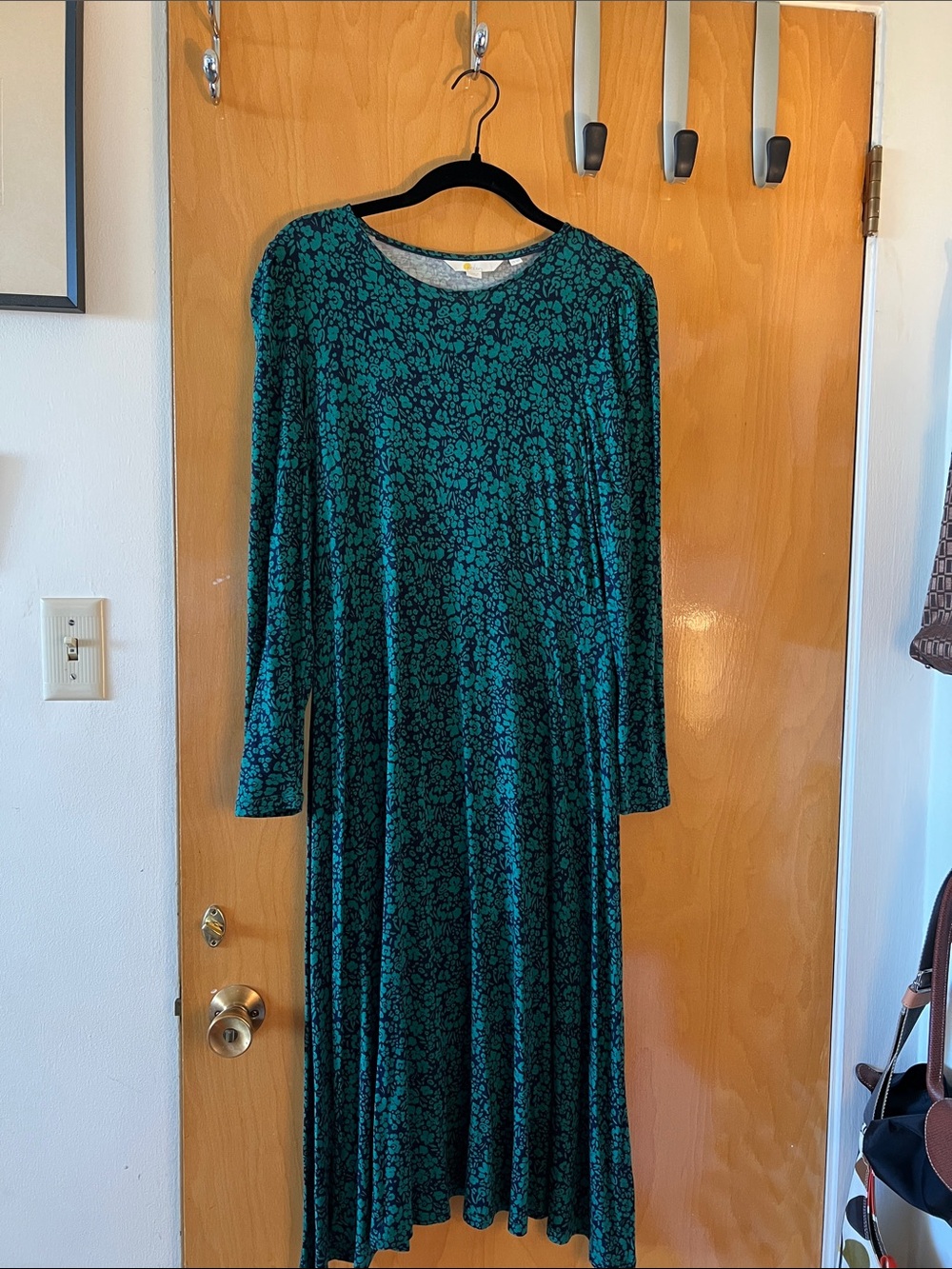 Boden Teal and Black Long-Sleeve Floral Midi Dress